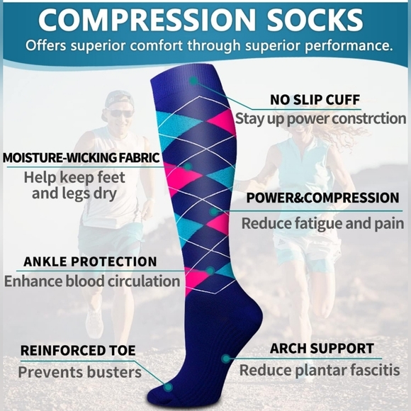 5 Pairs Knee High Compression Socks, Fun Patterns-Women's Large - Picture 8 of 10